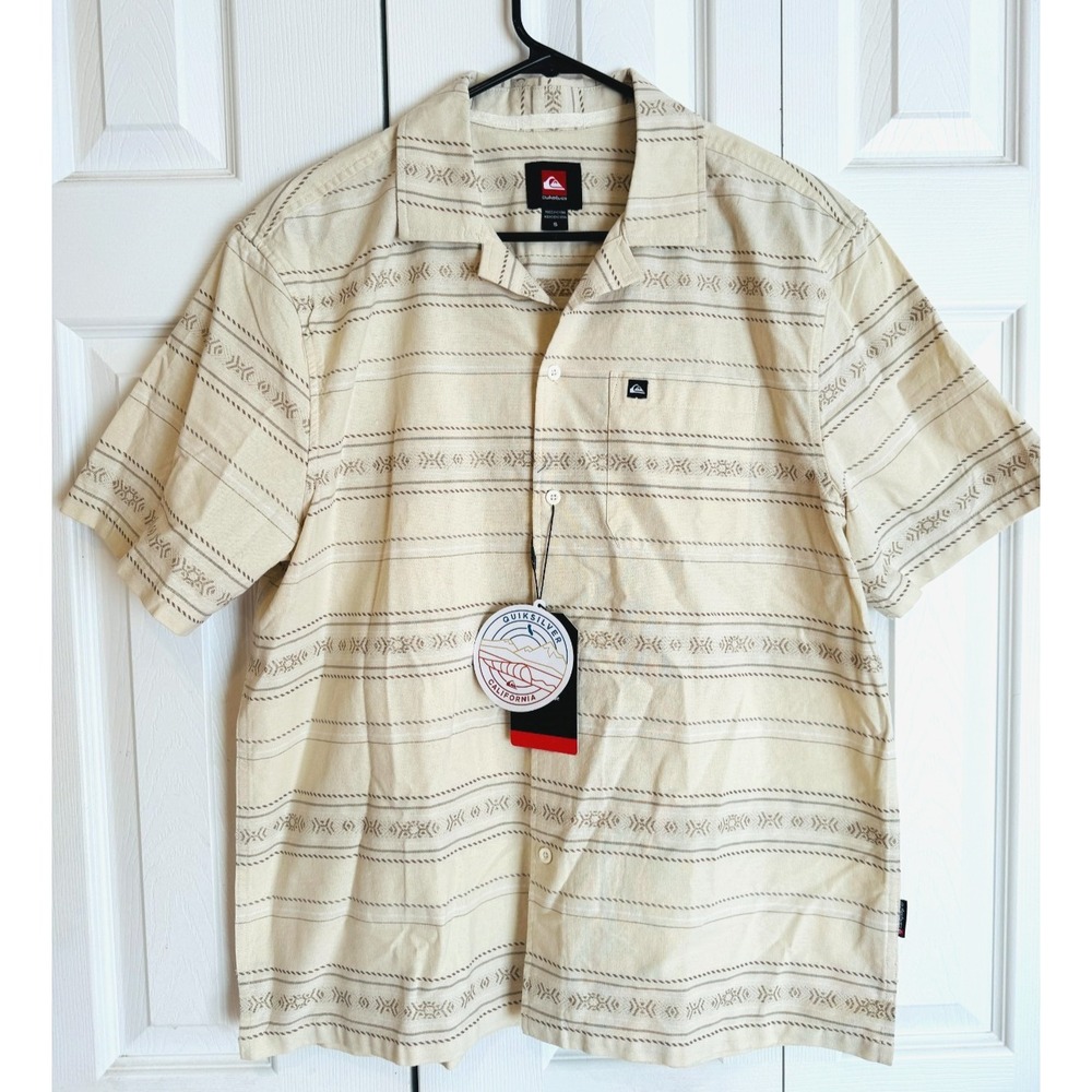 NEW Quicksilver Button Down Short Sleeve Shirt Tribal Striped Off-Wht Men's Sz S
